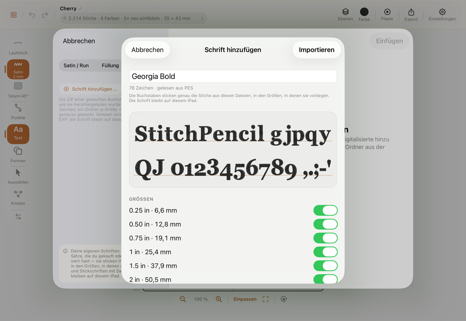 Die Übersicht vor dem Import eines gekauften Buchstaben-Satzes: Name, gelesenes Format, zwei Probezeilen auf der Grundlinie und die Größen