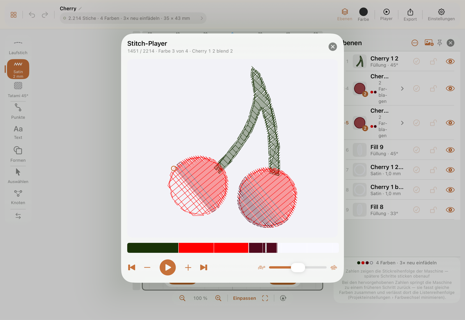 Der Stitch-Player mitten im Motiv, mit Nadelmarkierung und Farbbalken
