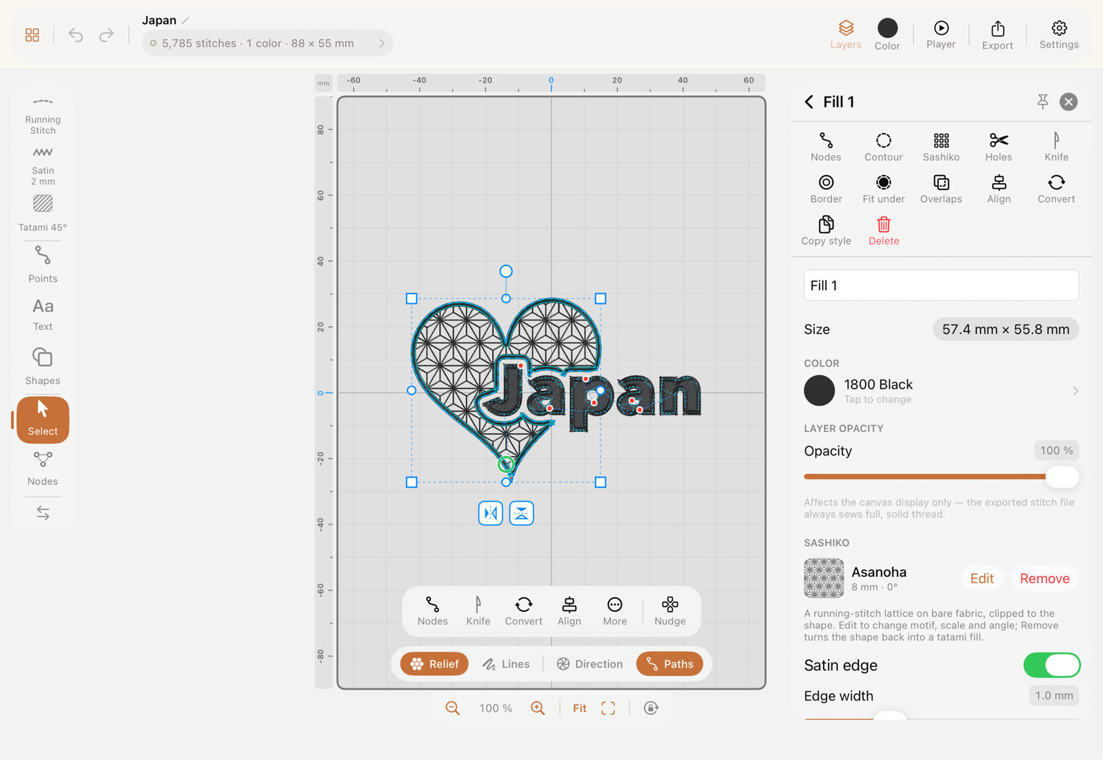 Fill object inspector showing color, layer opacity, and Sashiko settings