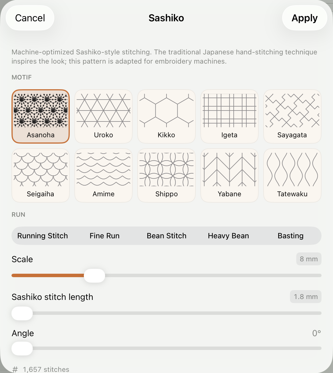 The Sashiko sheet with its ten motif tiles, Asanoha selected