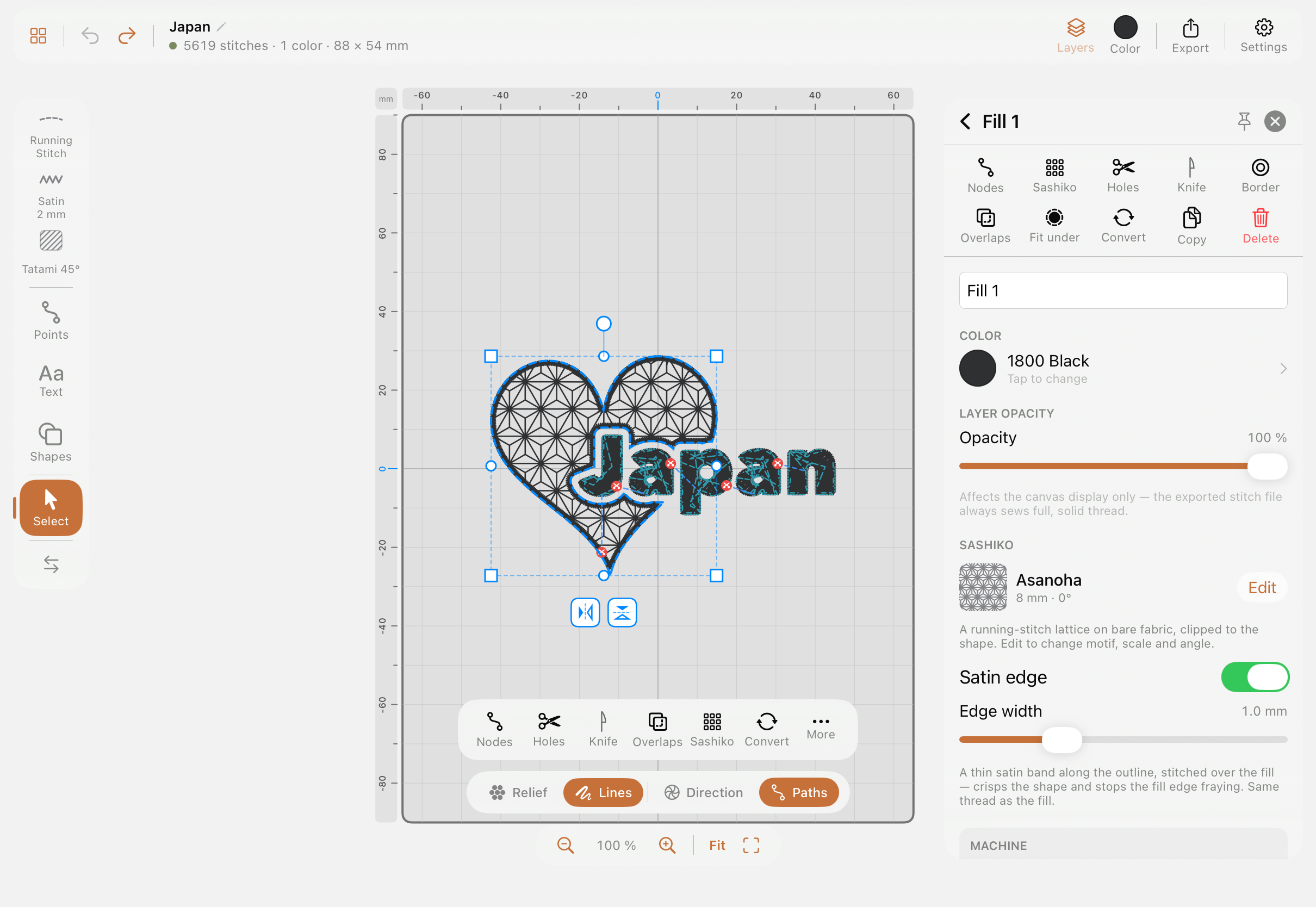 Fill object inspector showing color, layer opacity, and Sashiko settings